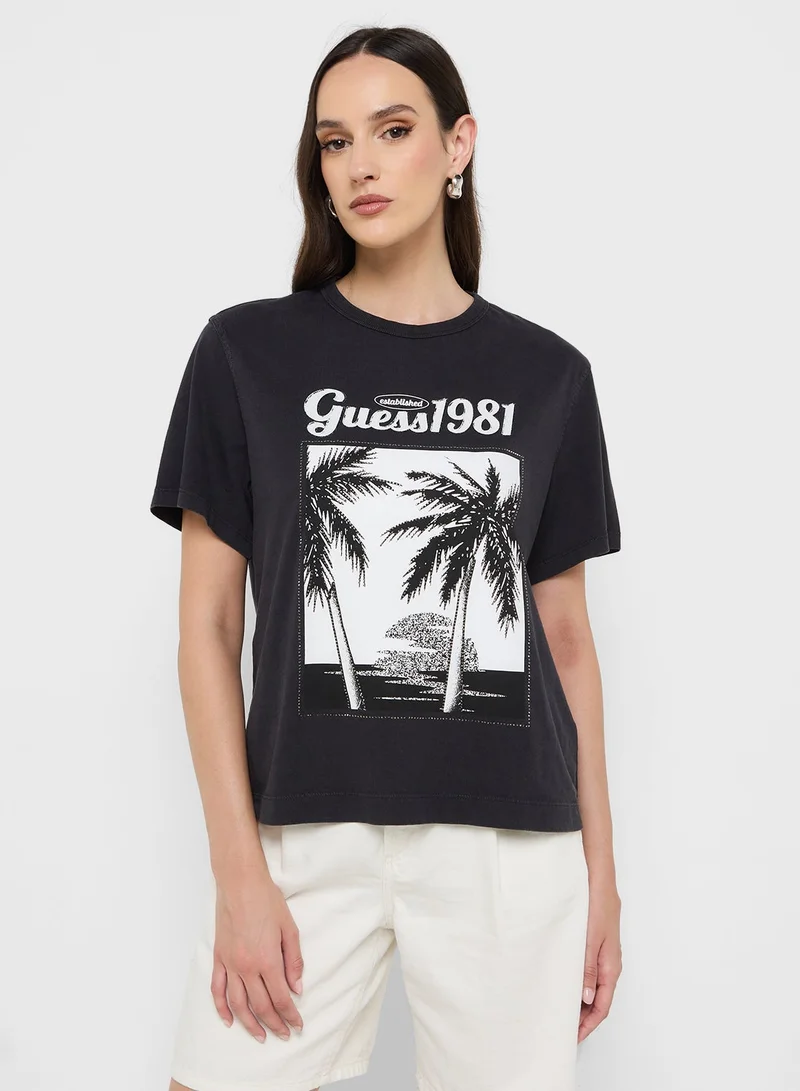 GUESS Short Sleeve Palm Print Washed T-Shirt