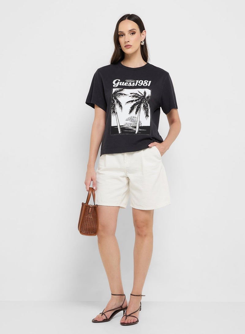 GUESS Short Sleeve Palm Print Washed T-Shirt - Image 4