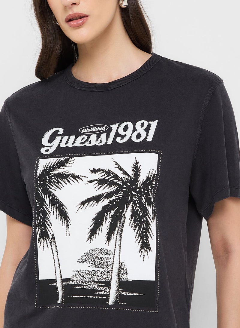 GUESS Short Sleeve Palm Print Washed T-Shirt - Image 3