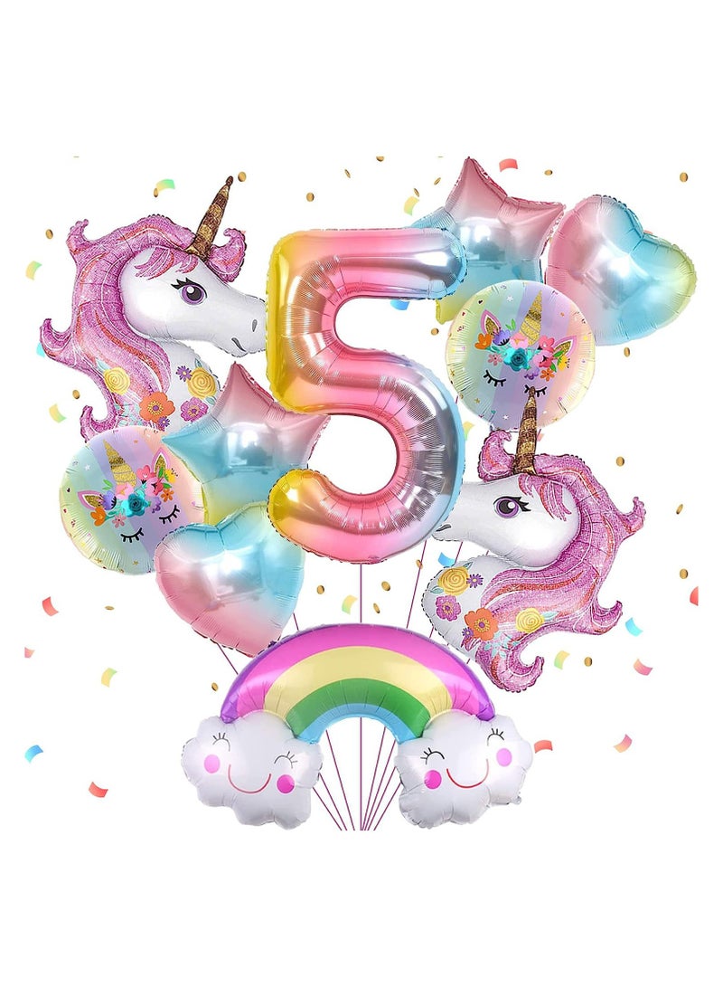 HIHILOOK Unicorn Birthday Decorations for Girls, 10Pcs Unicorn Balloons Set with Rainbow, Heart, Star and Number 5 Foil Balloons for 5th Birthday Party Decorations