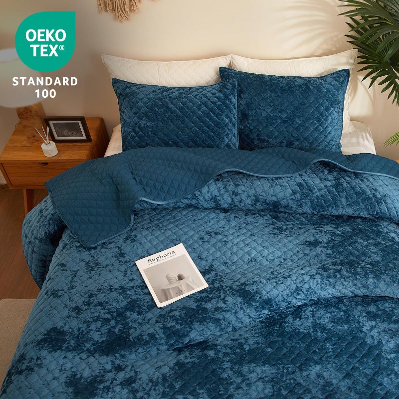 Wondnuga Velvet Quilt Queen Comforter Set - Luxury Soft Velvet Bedding Set for All Season, Bedspreads Queen Size Lightweight Quilt with 2 Pillow Shams, Teal Blue, Diamond - Image 2