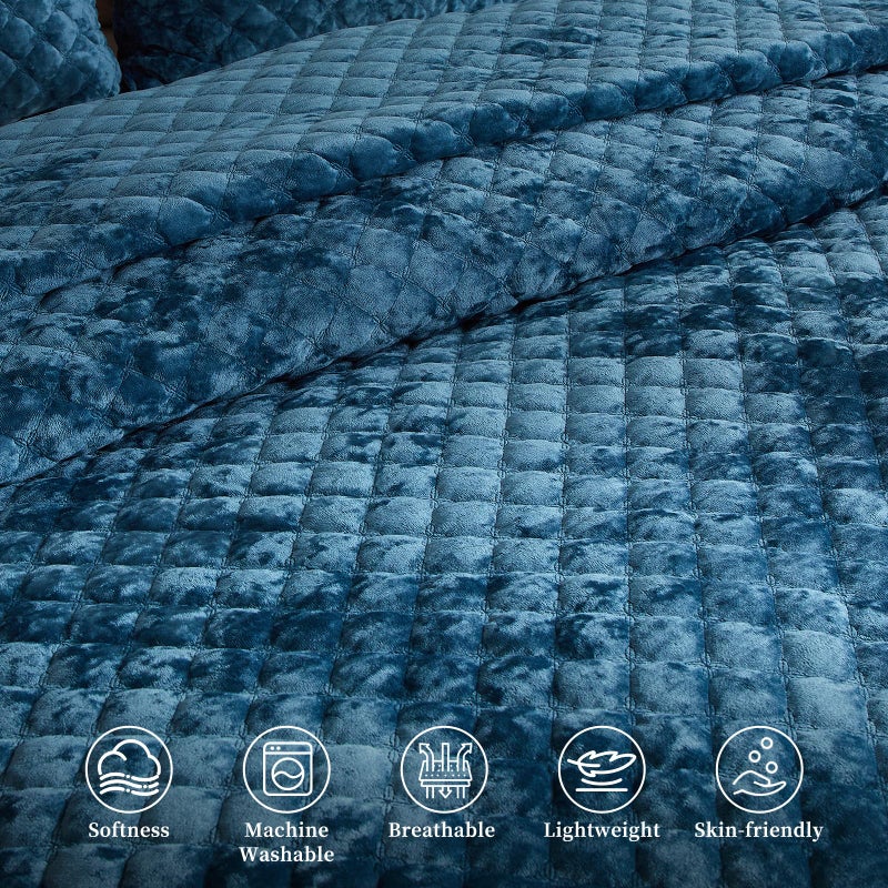 Wondnuga Velvet Quilt Queen Comforter Set - Luxury Soft Velvet Bedding Set for All Season, Bedspreads Queen Size Lightweight Quilt with 2 Pillow Shams, Teal Blue, Diamond - Image 3