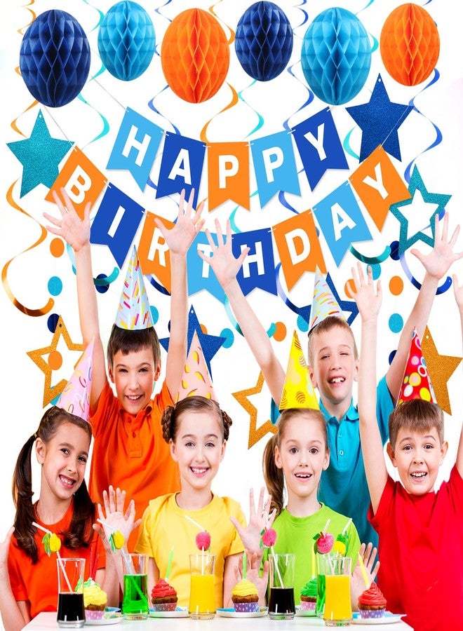 زينة عيد ميلاد رائعة، لافتة عيد ميلاد سعيد مع كرات على شكل خلية نحل، شرائط متدلية على شكل نجوم، إكليل من النقاط الدائرية، زينة حفلات عيد ميلاد سعيد للنساء والفتيات (أزرق وبرتقالي) - Image 4