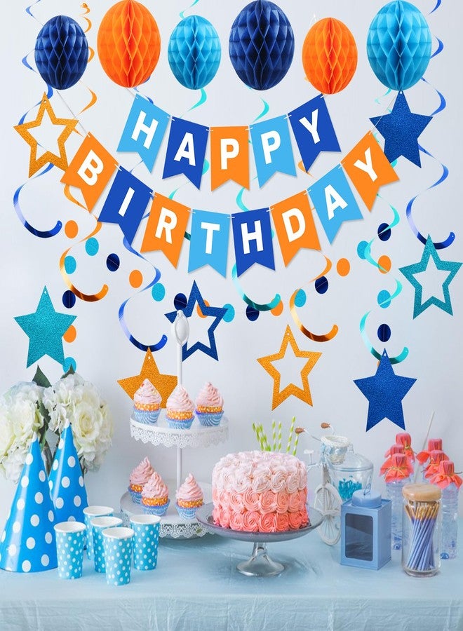زينة عيد ميلاد رائعة، لافتة عيد ميلاد سعيد مع كرات على شكل خلية نحل، شرائط متدلية على شكل نجوم، إكليل من النقاط الدائرية، زينة حفلات عيد ميلاد سعيد للنساء والفتيات (أزرق وبرتقالي) - Image 2