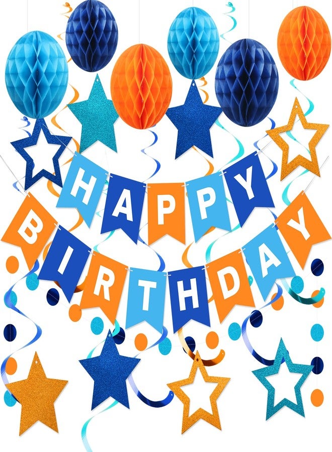 زينة عيد ميلاد رائعة، لافتة عيد ميلاد سعيد مع كرات على شكل خلية نحل، شرائط متدلية على شكل نجوم، إكليل من النقاط الدائرية، زينة حفلات عيد ميلاد سعيد للنساء والفتيات (أزرق وبرتقالي) - Image 1