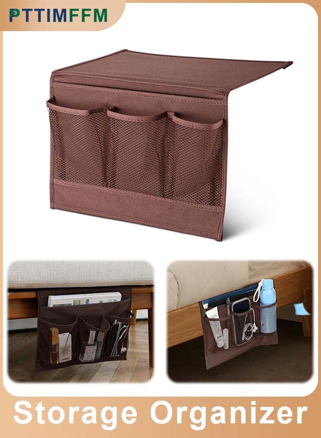 بتيمفم منظم أغراض بجانب السرير مزود بأربعة جيوب، وحامل تخزين متين من الجلد والأكسفورد لمسند ذراع الأريكة، مناسب لأجهزة التحكم عن بُعد والهواتف والأجهزة اللوحية والمجلات - Image 1