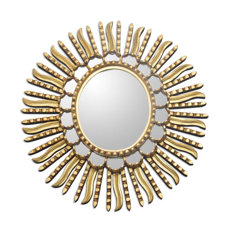 NOVICA Gold Sunburst Bronze Leaf Wood Framed Decorative Wall Mounted Mirror Metallic Winter Sun