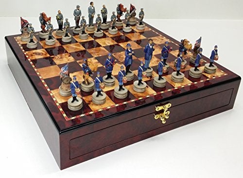 HPL US American Civil War Generals Chess Set W 17 High Gloss Cherry Burlwood Color Storage Board - Image 1