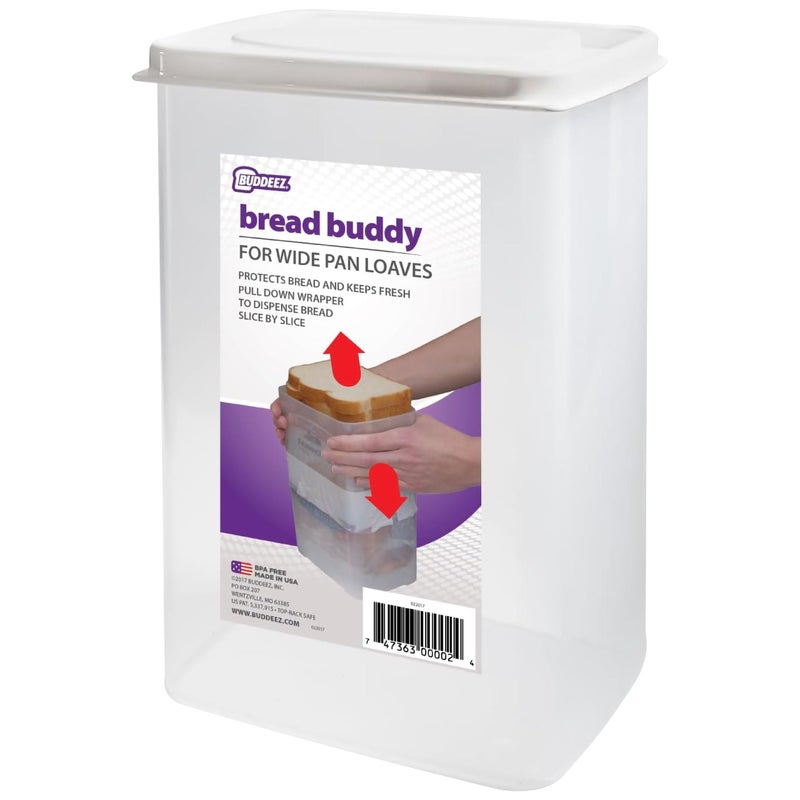 Buddeez Bread Buddy for Wide Pan Loaves Bread Box Bread Container Fresh Home Made Bread Storage Dispenser White Lid