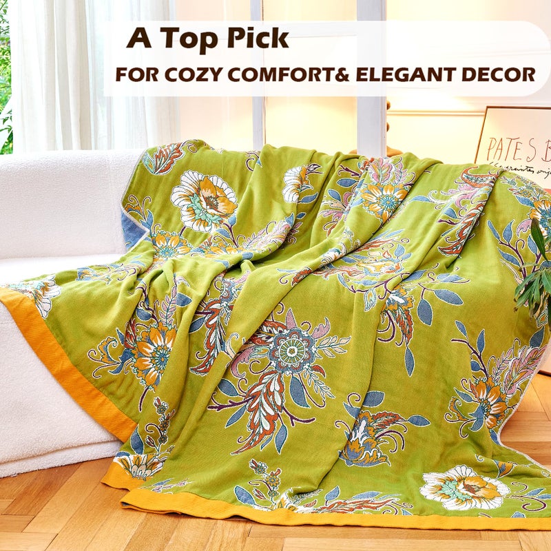 VANJOROY Boho Throw Blanket 50" x 60", 100% Organic Cotton Breathable Ultra Soft Bed Quilt Throw - All Season Luxury Floral Farmhouse Decor Blanket for Sofa Couch Chair and Gift. Green/Blue - Image 5