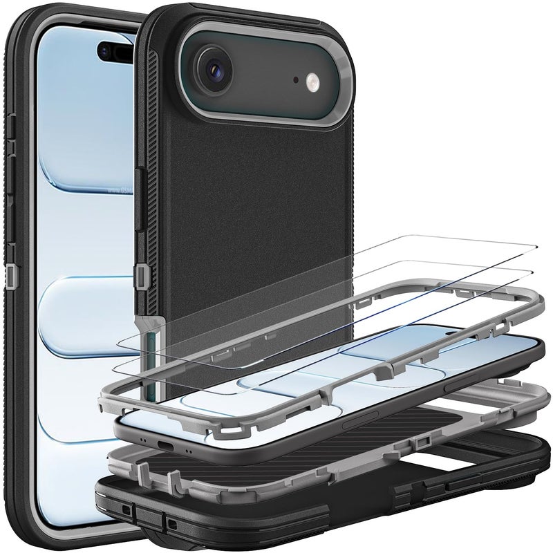 YKHJKLEC for iPhone 17 Air Case Military Grade 3 in 1 Heavy Duty ShockproofDrop ProofDust Proof Case with 2Pcs Tempered Glass Screen Protector BlackGrey - Image 3