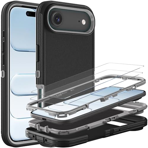 YKHJKLEC for iPhone 17 Air Case Military Grade 3 in 1 Heavy Duty ShockproofDrop ProofDust Proof Case with 2Pcs Tempered Glass Screen Protector BlackGrey - Image 1
