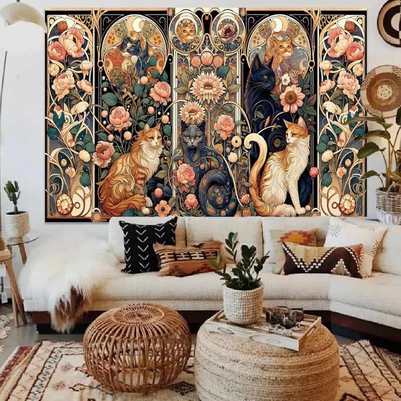 Apdidl Boho Floral Cute Wall Tapestry for Bedroom, Vintage Flower Cat Wall Hanging, Bohemian Style Orange and Black Cats Funny Tapestries, Animal Painting Art Poster for Girls Room Dorm Beach Decor - Image 2