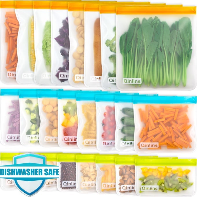 REUSABLE FOOD STORAGE BAGS 24 PACK FREEZER BAGS REUSABLE BAGS SILICONE EXTRA THICK LEAKPROOF REUSABLE LUNCH BAG FOR SALAD FRUIT MARINATE MEATS 8 GALLON 8 SANDWICH 8 SNACK BAGS