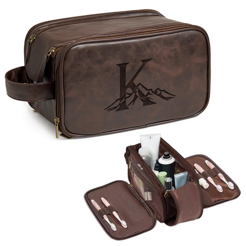 Janhavi Gifts for Fathers Day Waterproof Laser Engraved Initials Mountain Make Up Bag for Traveling Mens Accessories Organizer Groomsmen Gifts for Him Travel Essentials Dark Brown K - Image 2