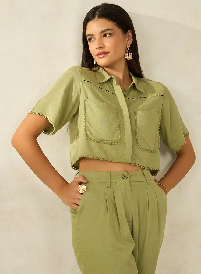 VIRGIO Linen Printed Cropped Boxy Fit Lace Shirt