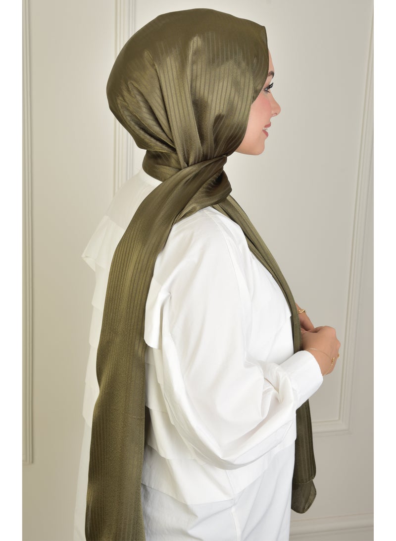 Platinum Striped Hijab in Dark Green – Made in Turkey, No See-Through, Perfect for Special Occasions - Image 3