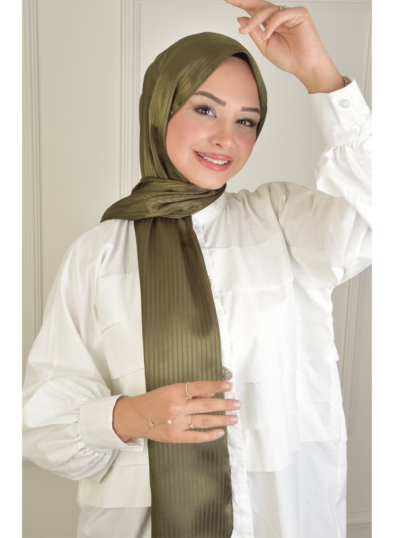 Platinum Striped Hijab in Dark Green – Made in Turkey, No See-Through, Perfect for Special Occasions - Image 1