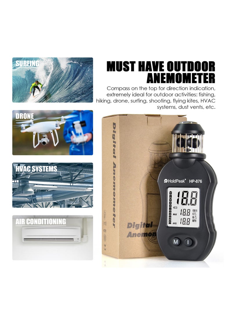 HoldPeak - Anemometer HOLDPEAK HP-876 Digital Wind Speed Meter Cup-Anemometer, Mini Anemometer with Compass Measure Wind Speed MAX/AVG for HVAC Drone Flight Climbing Outdoor Activities - Image 1