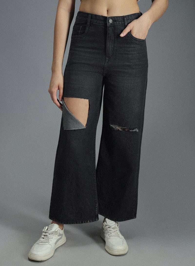 HIGH STAR Baggy Black Jeans for Women, High-Rise and Distressed Look  - Image 1