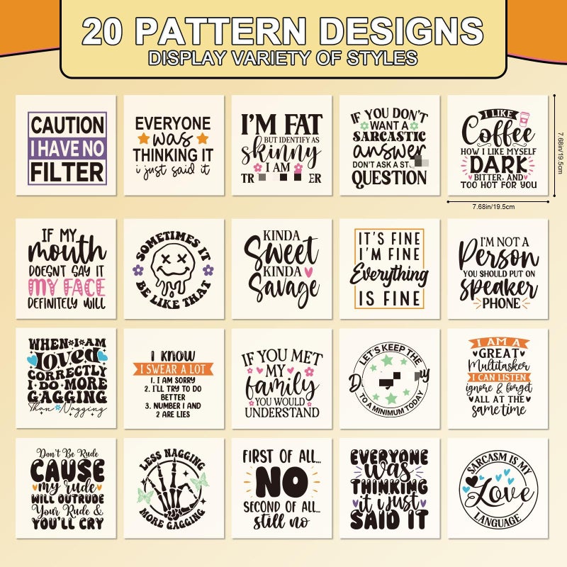 Shejdgart Dtf Transfers Ready to Press - 20 Pcs Sarcastic Quotes Iron on Patches for T-Shirts, Heat Transfer Funny Vinyl Stickers, Humorous Iron on Decals for Clothes Bag DIY Fabric Decor - Image 2