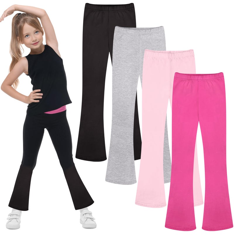 FEQO 4 Pack Girls Flare Leggings Pants Girl Cotton Leggings Bell Bottoms 13-14 Years(Black, Light Gray, Rose Red, Pink) - Image 1