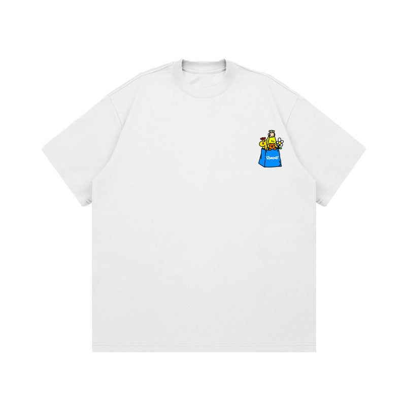 American Design Sense Letter Cartoon Printed Short-Sleeved T-Shirt Men'S Summer Fashion Brand Loose Heavy 260G Couple'S Top - Image 1