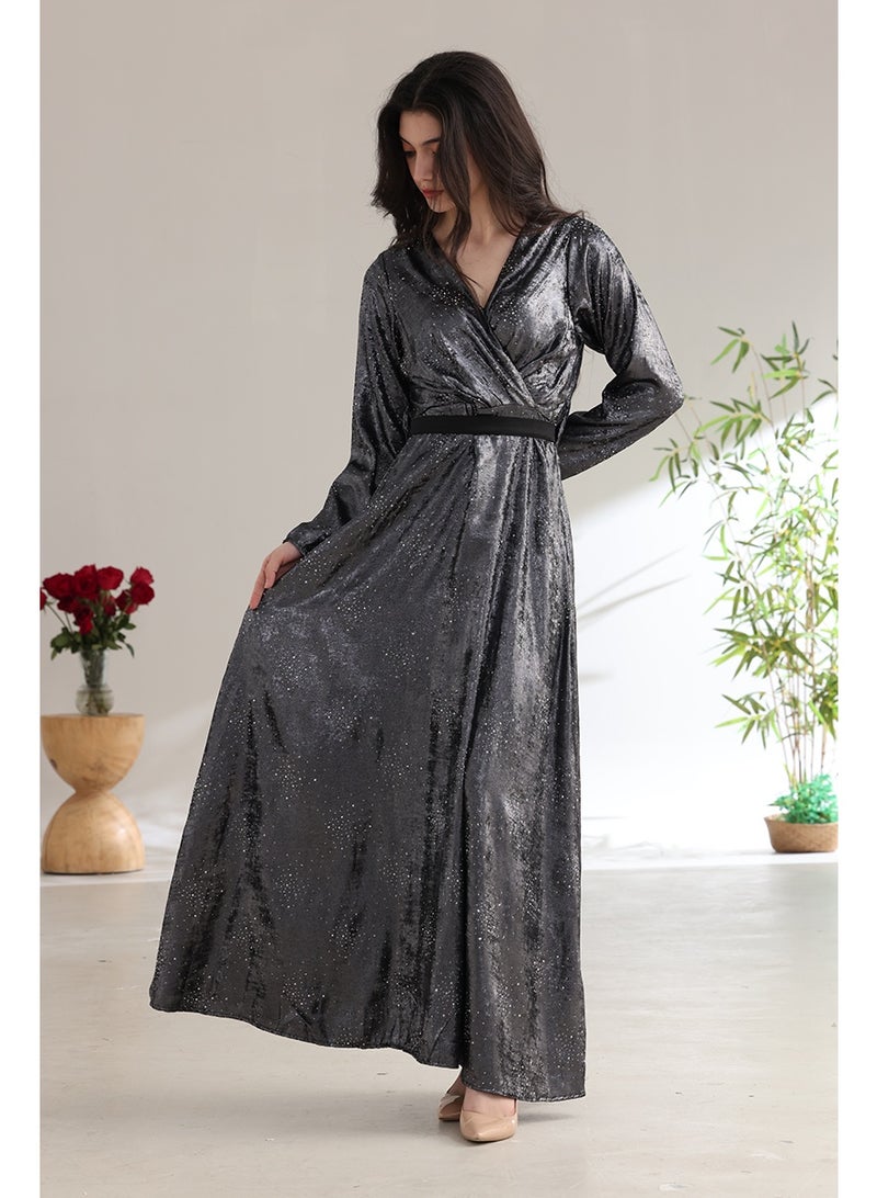 A long, shimmering evening dress with a wrap style and a waist belt. - Image 5