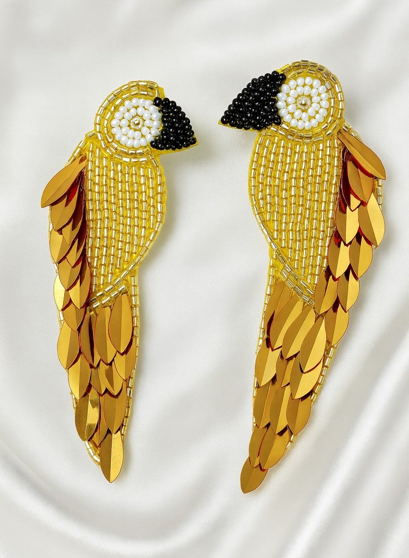 Ready For Chai Handmade Parrot Beaded Earrings – Golden Statement Jewelry for Women, Boho Chic Dangle Earrings