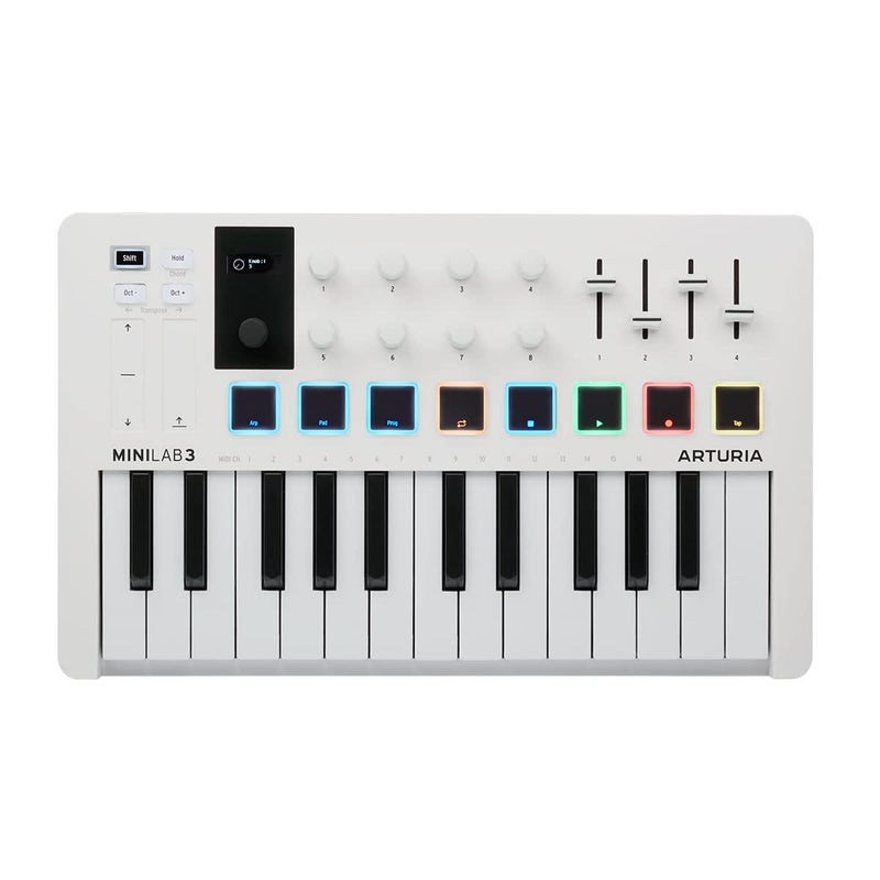 أرتوريا ميني لاب 3 لوحة مفاتيح MIDI USB بـ 25 مفتاح مع 8 وسادات درام متعددة الألوان و8 مقبضات وبرامج إنتاج موسيقي متضمنة