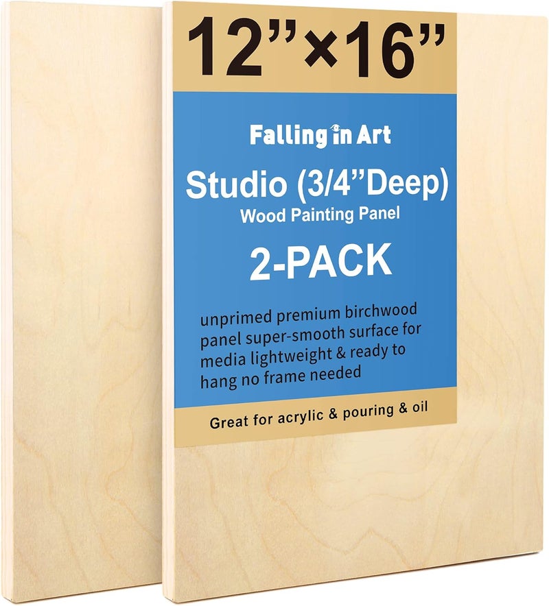فولينج إن أرت مجموعة ألواح خشب البتولا غير المكتملة من Falling in Art، عبوة مزدوجة مقاس 12×16 بوصة، ألواح حامل بعمق 3/4 بوصة للاستوديو، مخصصة للصب الفني والحرف اليدوية والرسم وغيرها. - Image 1