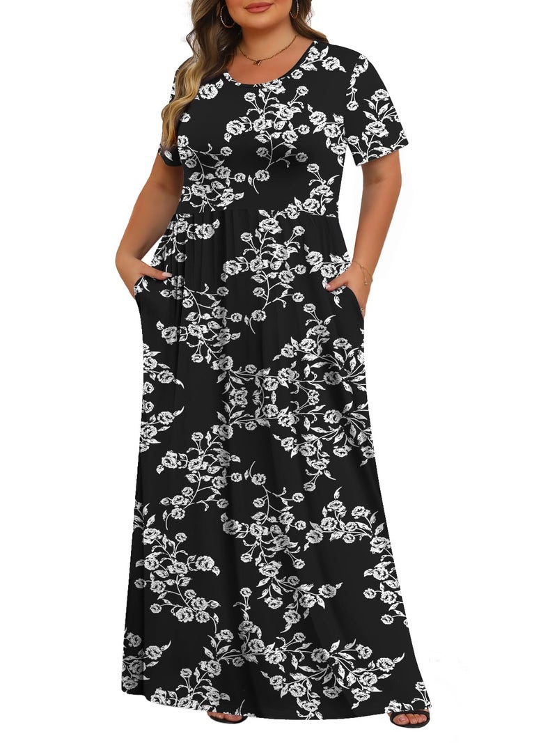 Tencede Womens Plus Size Maxi Dresses Summer 2026 Casual Short Sleeve with Pockets Long Dress Black Rose 3X - Image 1