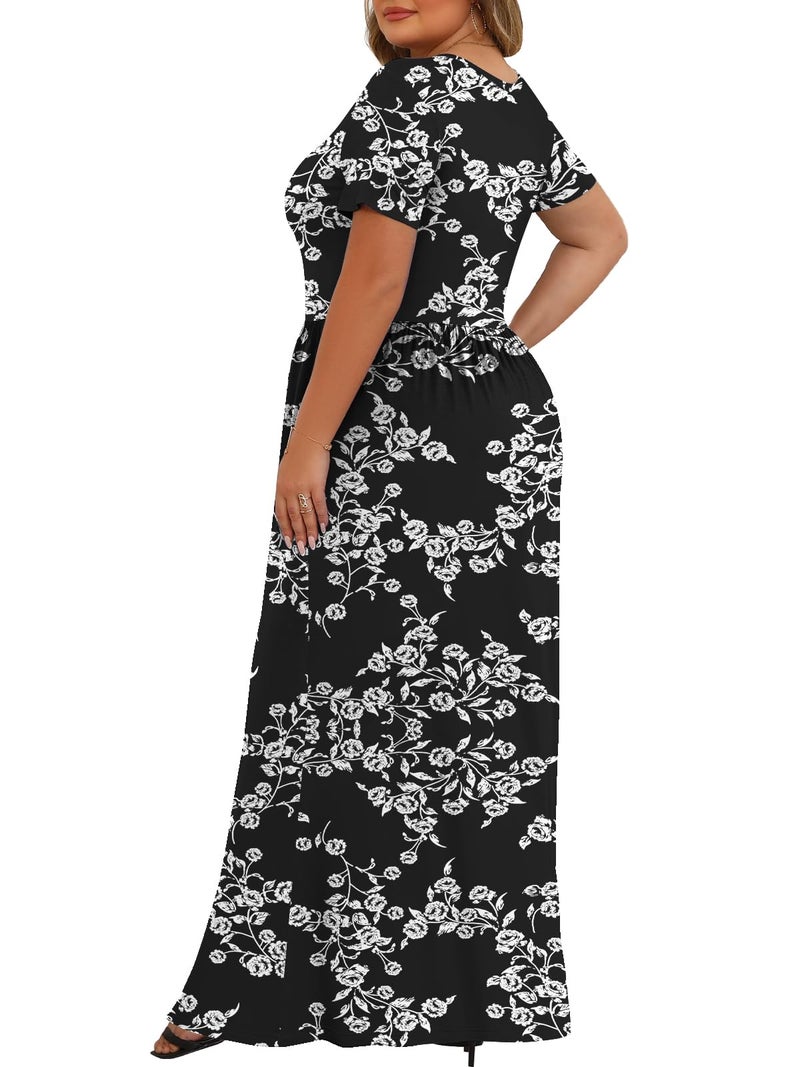 Tencede Womens Plus Size Maxi Dresses Summer 2026 Casual Short Sleeve with Pockets Long Dress Black Rose 3X - Image 4