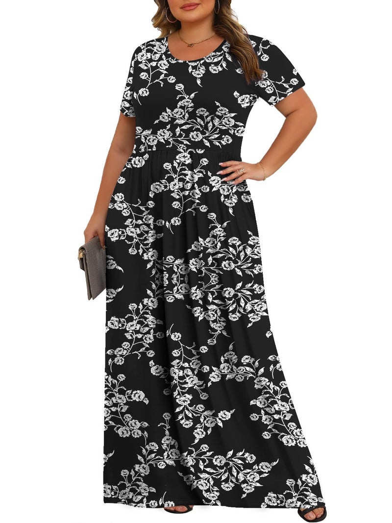 Tencede Womens Plus Size Maxi Dresses Summer 2026 Casual Short Sleeve with Pockets Long Dress Black Rose 3X - Image 2
