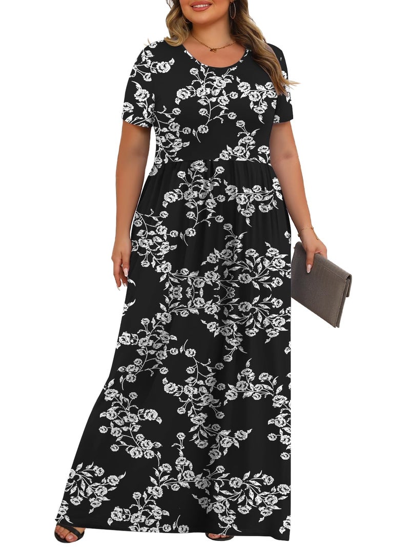 Tencede Womens Plus Size Maxi Dresses Summer 2026 Casual Short Sleeve with Pockets Long Dress Black Rose 3X - Image 3