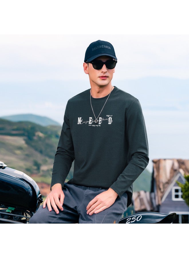 Smooth Silky Cotton】men's Long Sleeve T-shirt 2025 Spring/fall Letter Print Crewneck Base Layer Top - Image 2