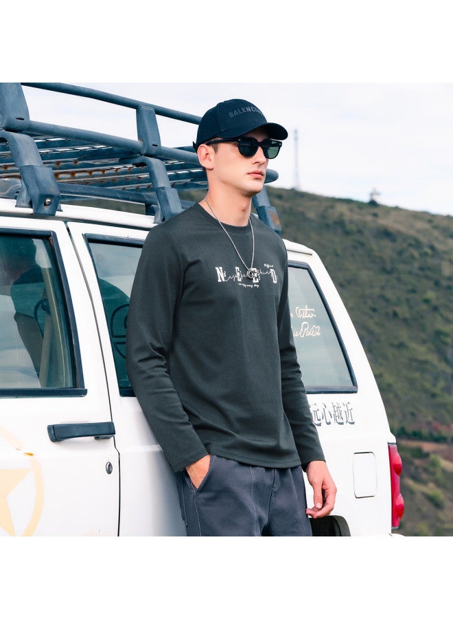 Smooth Silky Cotton】men's Long Sleeve T-shirt 2025 Spring/fall Letter Print Crewneck Base Layer Top - Image 3