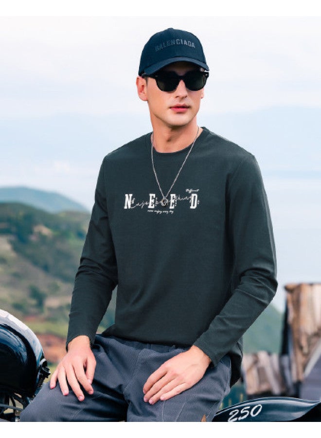 Smooth Silky Cotton】men's Long Sleeve T-shirt 2025 Spring/fall Letter Print Crewneck Base Layer Top - Image 1