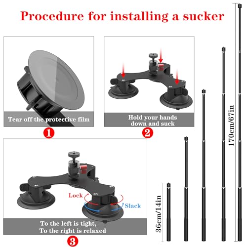 Taisioner Suction Car Mount for Camera Insta360 X5/X4/X3/X2/GO 3/ONE/RS Compatible with Gopro Max 360 Outside Car Mount with 67” Invisible Selfie Stick 5 in 1 Suction Camera kit for Action Camera - Image 4