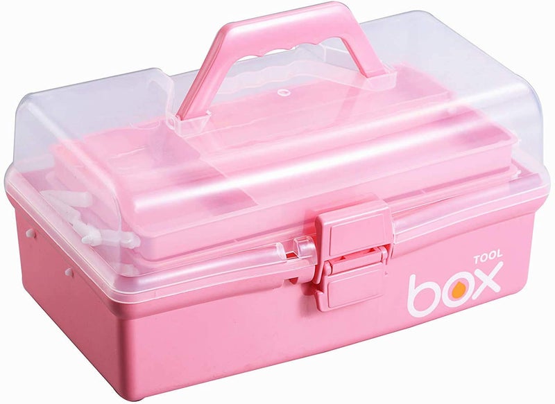 JUGTE Multipurpose Tools Storage Box Organizer 3-Layer Plastic Storage Box Handled Storage Case for Art Craft Cosmetic Sewing Supplies Organizer Medicine Box Family First Aid Box with Handle (Pink) - Image 1