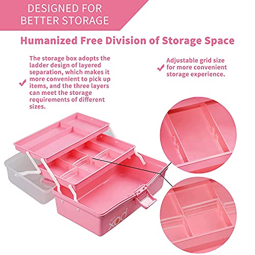 JUGTE Multipurpose Tools Storage Box Organizer 3-Layer Plastic Storage Box Handled Storage Case for Art Craft Cosmetic Sewing Supplies Organizer Medicine Box Family First Aid Box with Handle (Pink) - Image 4