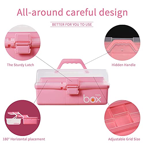 JUGTE Multipurpose Tools Storage Box Organizer 3-Layer Plastic Storage Box Handled Storage Case for Art Craft Cosmetic Sewing Supplies Organizer Medicine Box Family First Aid Box with Handle (Pink) - Image 2