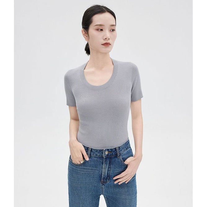 Summer Wool Knit U-Neck T-Shirt Women gray brown - Image 2