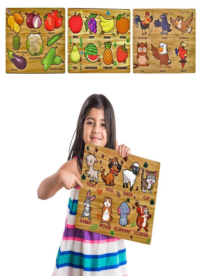 Vastate Wooden Puzzle Board for Kids – Educational Vegetable, Animal, Bird & Fruit Puzzles – Fun & Interactive Learning Toy for Toddlers 1-5 Years – Develops Skills & Abilities (Pack of 4) - Image 1