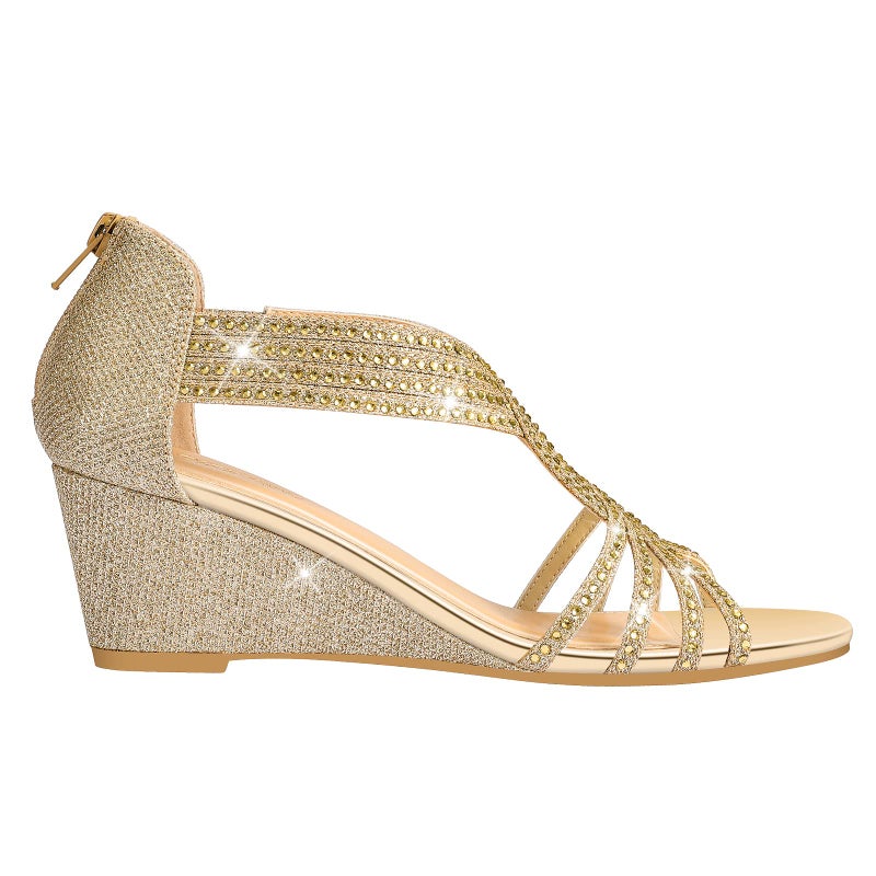 PIZZ ANNU Women's Diana Low Wedge Sandals Sparkly Rhinestone Open Toe Fashion Dress Shoes for Woman Lady in Bridal Dance Evening, Gold Glitter 8 - Image 5