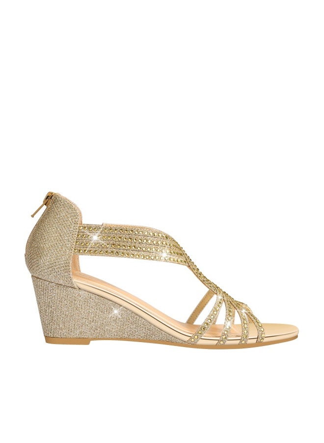 PIZZ ANNU Women's Diana Low Wedge Sandals Sparkly Rhinestone Open Toe Fashion Dress Shoes for Woman Lady in Bridal Dance Evening, Gold Glitter 8 - Image 1