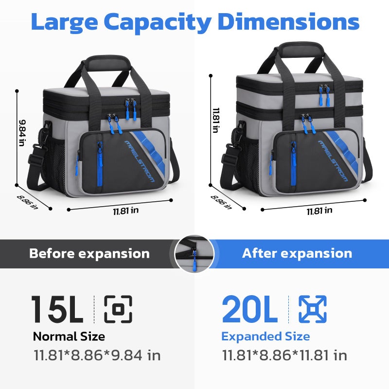 Maelstrom Lunch Box, 20L Insulated Lunch Bag for Men Women, Expandable Double Deck Leakproof Cooler Bag with 6 Pockets, Reusable Lunch Tote Bag for Work, Picnic, Travel, Grey - Image 2
