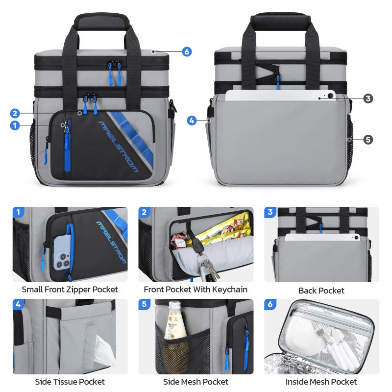 Maelstrom Lunch Box, 20L Insulated Lunch Bag for Men Women, Expandable Double Deck Leakproof Cooler Bag with 6 Pockets, Reusable Lunch Tote Bag for Work, Picnic, Travel, Grey - Image 3