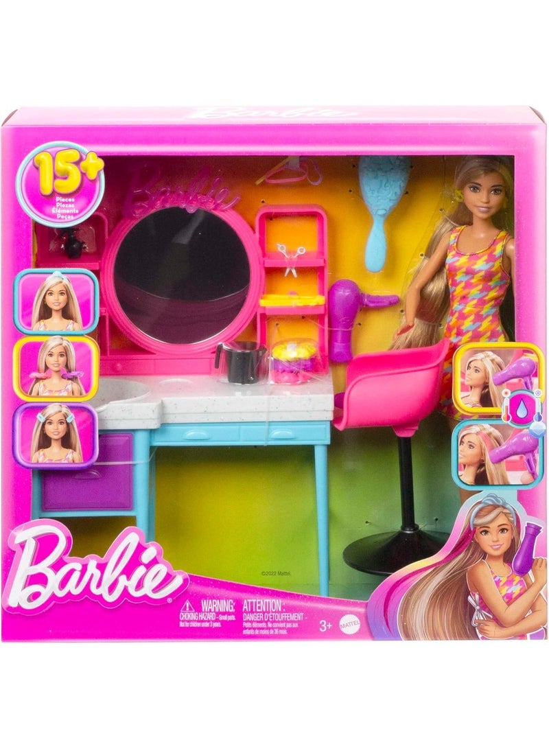 Barbie Doll and Hair Salon Playset, Color-Change Hair - Image 1
