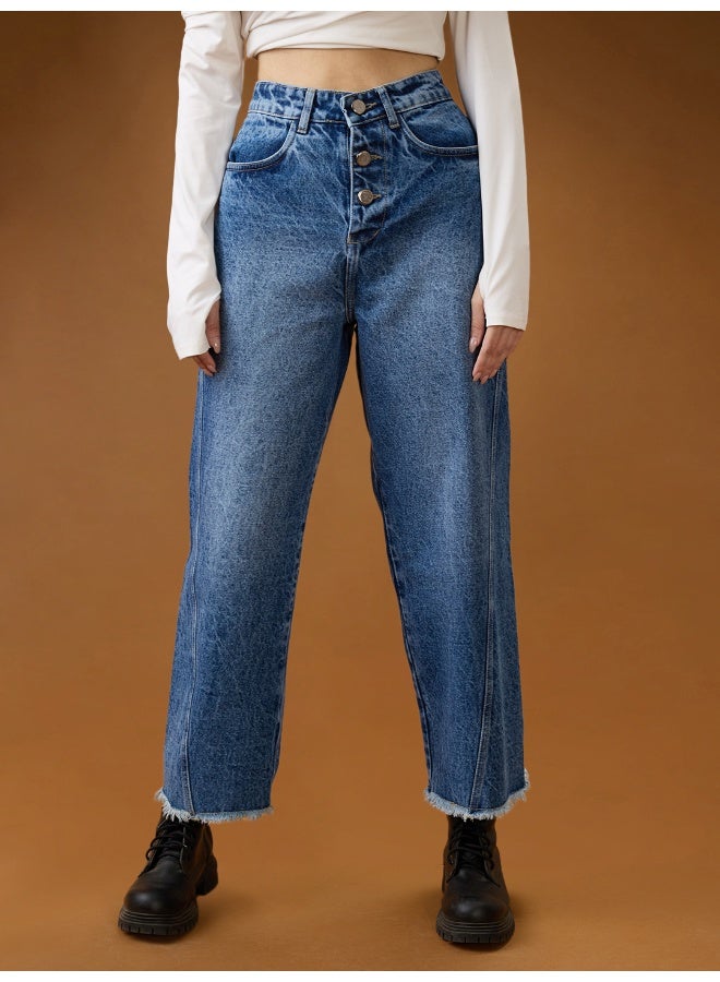 globus Globus Women Mid Blue Cotton High-Rise Light Fade Frayed Hem Wide Leg Denim Jeans  - Image 2